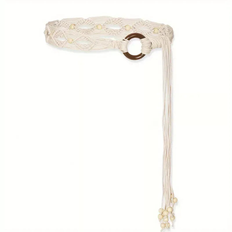 Beige Women Woven Tassel Belt Braided Waistband Tie Strap Boho Girls Wide Waist Rope Chain Waist Belts For Dress Waistband Accessories CeinturesCuir