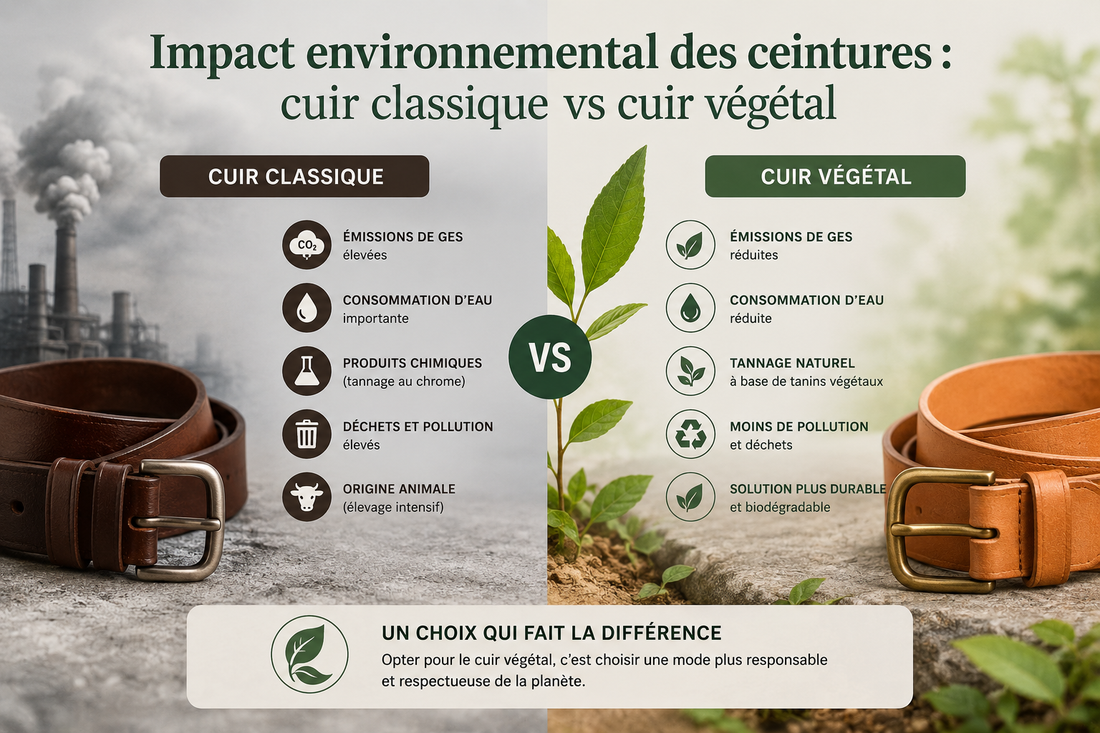 Impact environnemental des ceintures : cuir classique vs cuir végétal