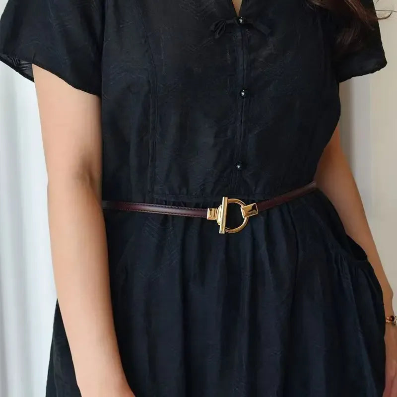 New adjustable women's circle buckle waist belt, fine leather belt, sweet skirt belt, versatile hook clasp CeinturesCuir