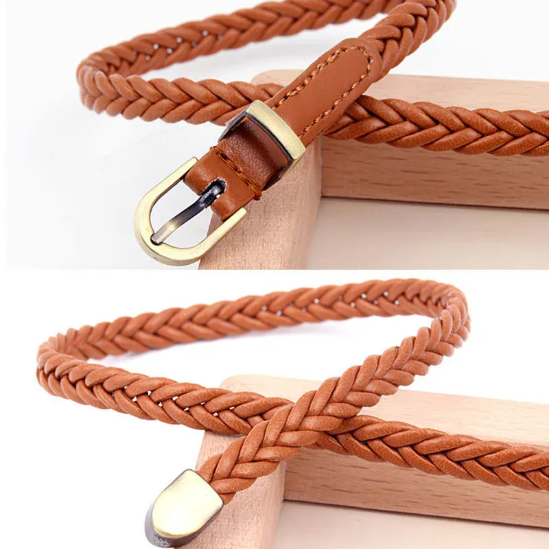 Leather Braided Thin Belt For Woman Dress Shirt Decorative Girdles Strap Fashion Pin Buckle Female Waistband Ladies Waist Rope CeinturesCuir