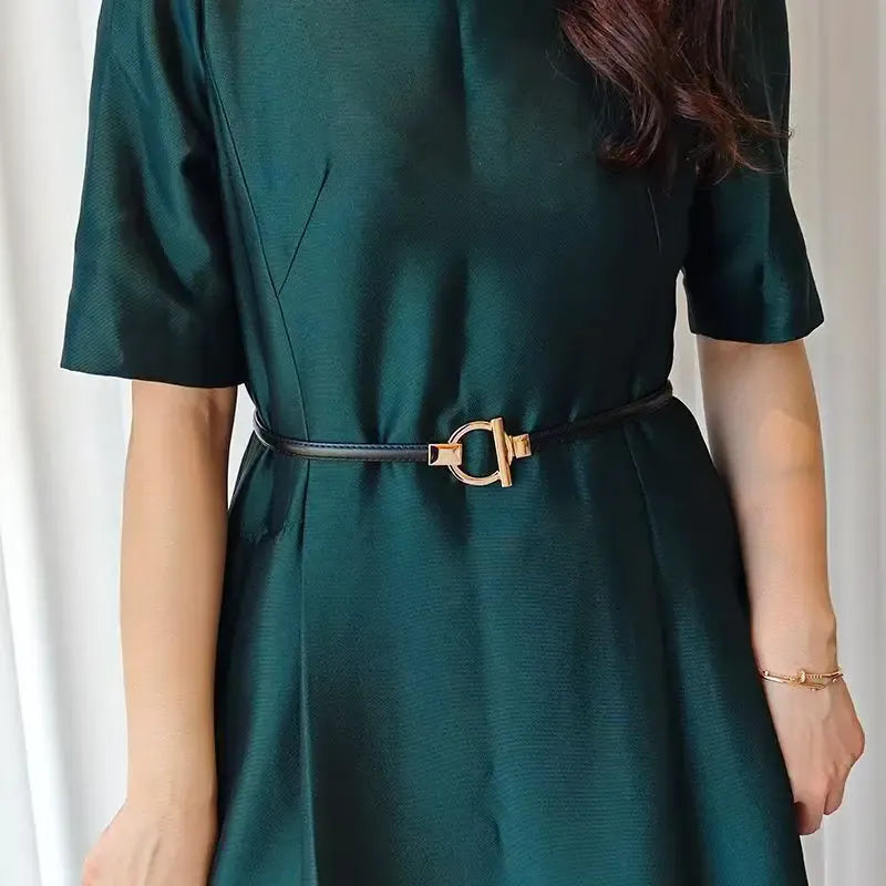 New adjustable women's circle buckle waist belt, fine leather belt, sweet skirt belt, versatile hook clasp CeinturesCuir