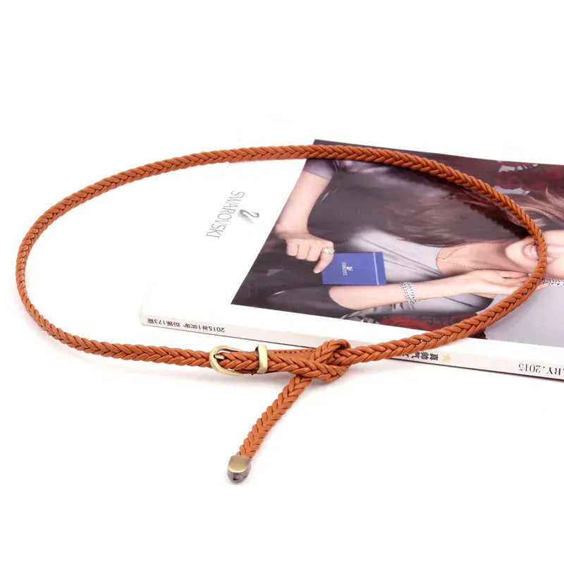 Leather Braided Thin Belt For Woman Dress Shirt Decorative Girdles Strap Fashion Pin Buckle Female Waistband Ladies Waist Rope CeinturesCuir