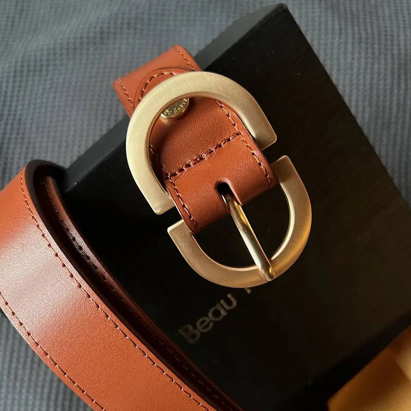 BEAUTODAY Belt Women Genuine Cow Leather Metal Oval Buckle Retro Simple Solid Ladies Jeans Dress Waistband Handmade 91012 CeinturesCuir