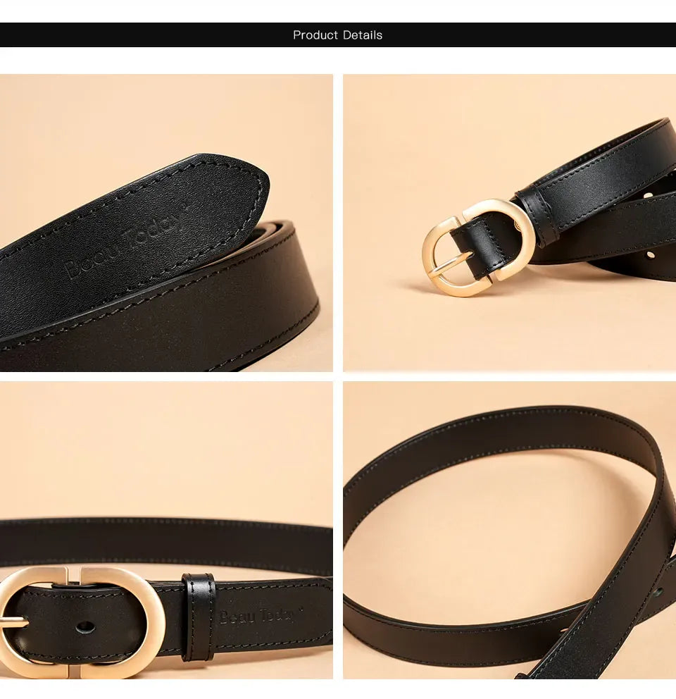BEAUTODAY Belt Women Genuine Cow Leather Metal Oval Buckle Retro Simple Solid Ladies Jeans Dress Waistband Handmade 91012 CeinturesCuir