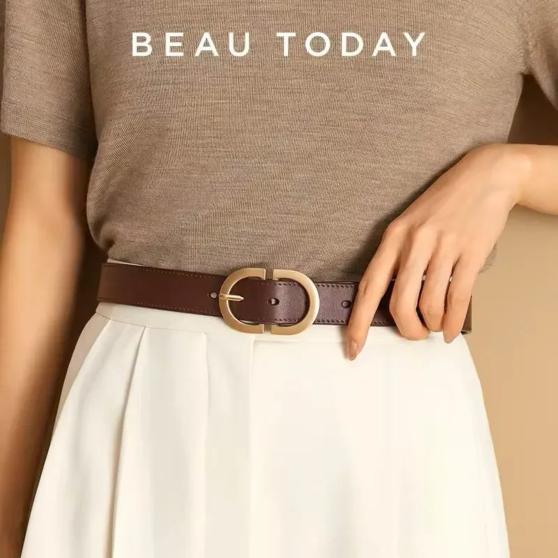 BEAUTODAY Belt Women Genuine Cow Leather Metal Oval Buckle Retro Simple Solid Ladies Jeans Dress Waistband Handmade 91012 CeinturesCuir