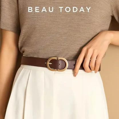 BEAUTODAY Belt Women Genuine Cow Leather Metal Oval Buckle Retro Simple Solid Ladies Jeans Dress Waistband Handmade 91012 CeinturesCuir