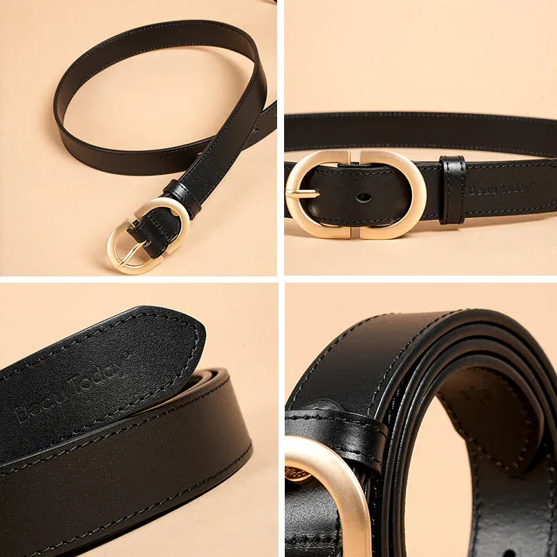BEAUTODAY Belt Women Genuine Cow Leather Metal Oval Buckle Retro Simple Solid Ladies Jeans Dress Waistband Handmade 91012 CeinturesCuir
