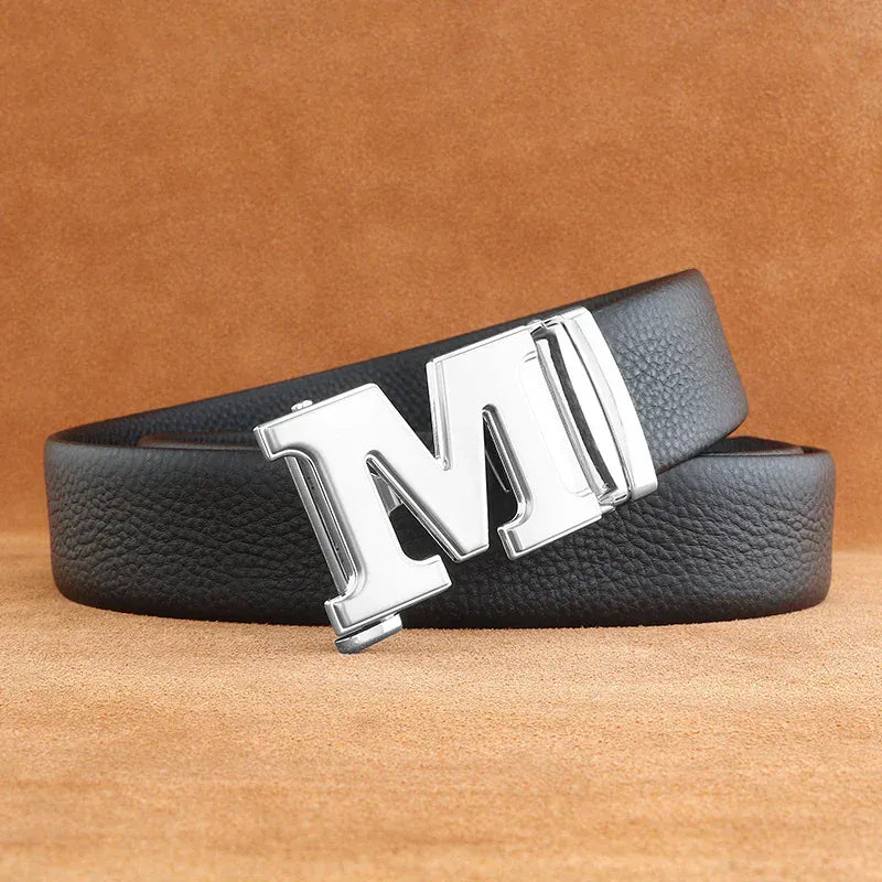 Noir - Boucle Argenté / 105cm Ceinture Homme Cuir Véritable Boucle Automatique - Lettre M Ma boutique