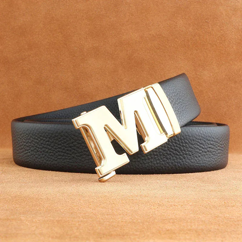 Noir - Boucle Doré / 120cm Ceinture Homme Cuir Véritable Boucle Automatique - Lettre M Ma boutique