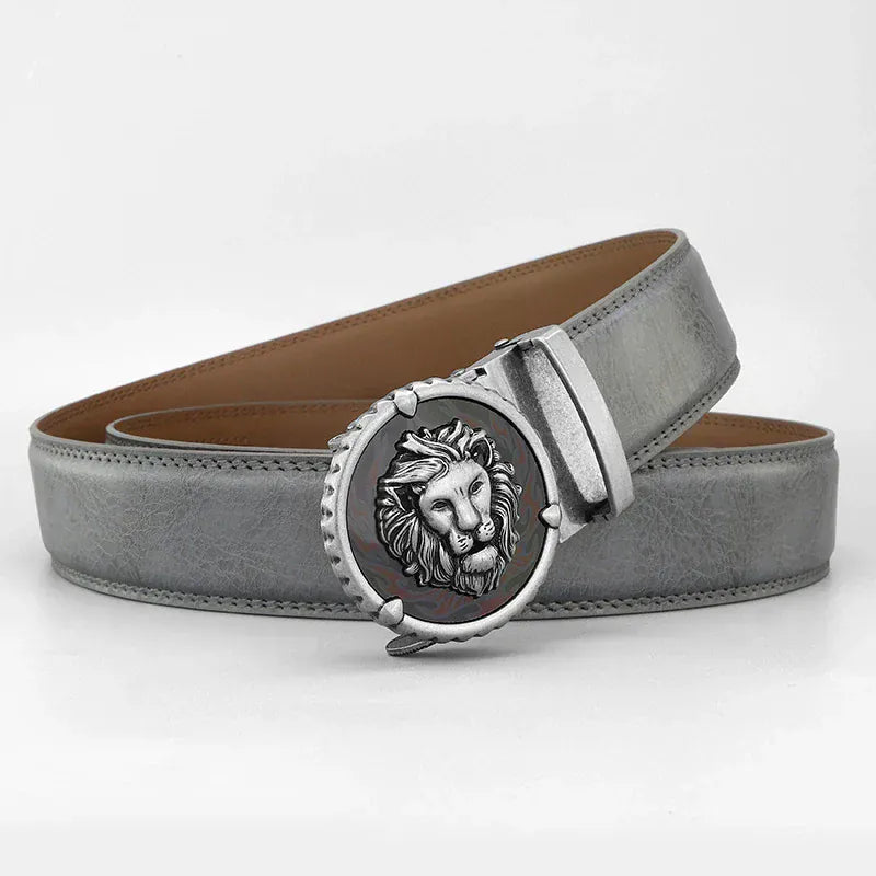 Gris -  Boucle Argenté / 110cm Ceinture Homme Mode Rétro Lion en Cuir Véritable – Boucle Automatique Élégante Ma boutique