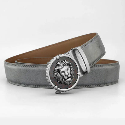 Gris -  Boucle Argenté / 110cm Ceinture Homme Mode Rétro Lion en Cuir Véritable – Boucle Automatique Élégante Ma boutique