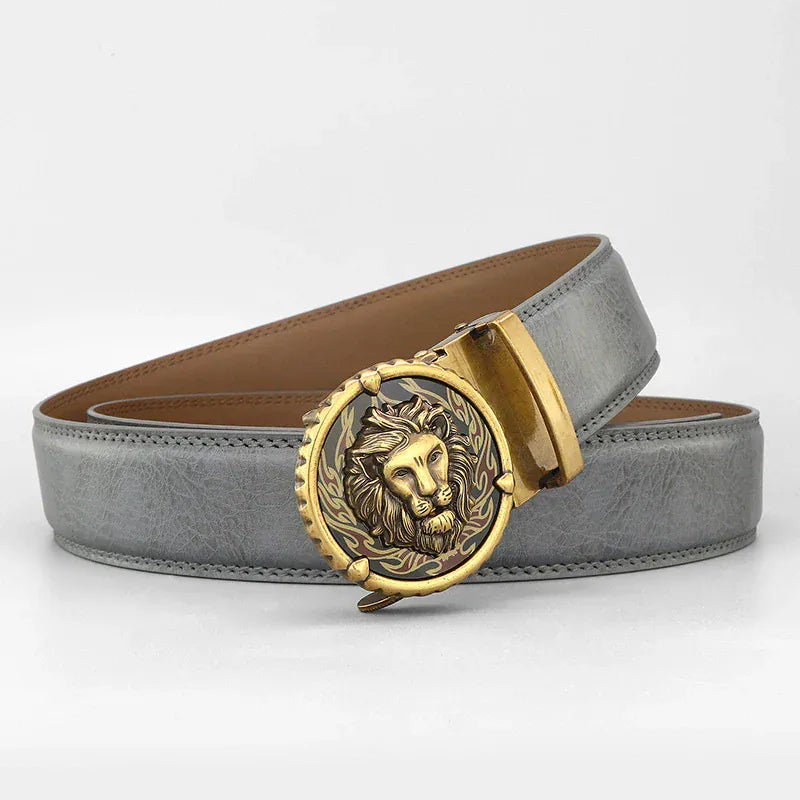 Gris - Boucle doré / 105cm Ceinture Homme Mode Rétro Lion en Cuir Véritable – Boucle Automatique Élégante Ma boutique