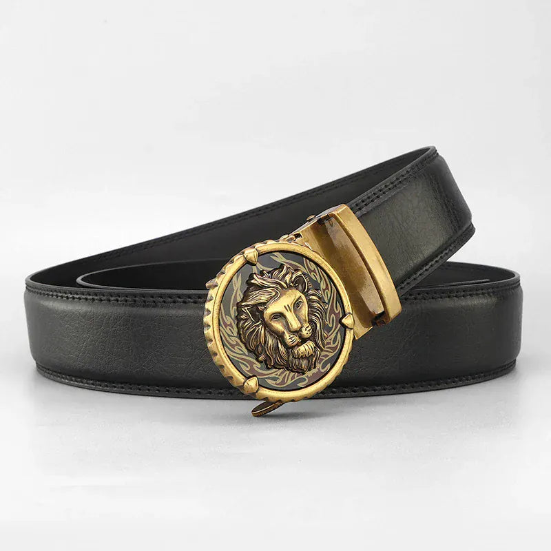 Noir - Boucle doré / 105cm Ceinture Homme Mode Rétro Lion en Cuir Véritable – Boucle Automatique Élégante Ma boutique