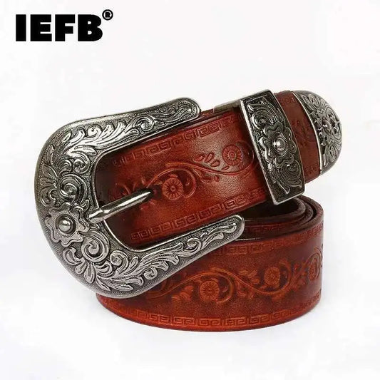 IEFB Men's Embossed Belt Leather Floral Carving Genuine Belts Men Women Jean's Decoration Luxury Designer Waistband 9W1163 CeinturesCuir