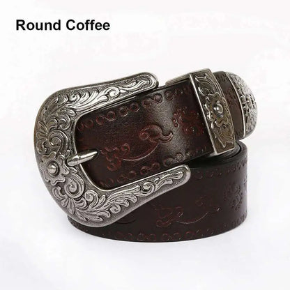 Round Coffee / 14-14-6.3CM IEFB Men's Embossed Belt Leather Floral Carving Genuine Belts Men Women Jean's Decoration Luxury Designer Waistband 9W1163 CeinturesCuir