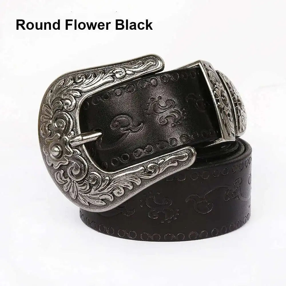 Round Flower Black / 14-14-6.3CM IEFB Men's Embossed Belt Leather Floral Carving Genuine Belts Men Women Jean's Decoration Luxury Designer Waistband 9W1163 CeinturesCuir