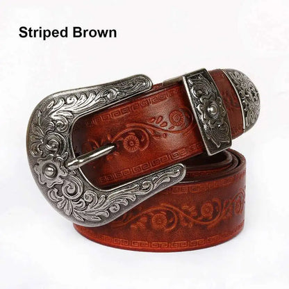 Striped Brown / 14-14-6.3CM IEFB Men's Embossed Belt Leather Floral Carving Genuine Belts Men Women Jean's Decoration Luxury Designer Waistband 9W1163 CeinturesCuir