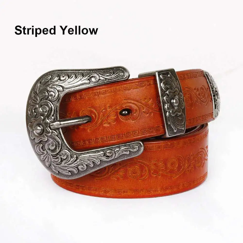 Striped Yellow / 14-14-6.3CM IEFB Men's Embossed Belt Leather Floral Carving Genuine Belts Men Women Jean's Decoration Luxury Designer Waistband 9W1163 CeinturesCuir