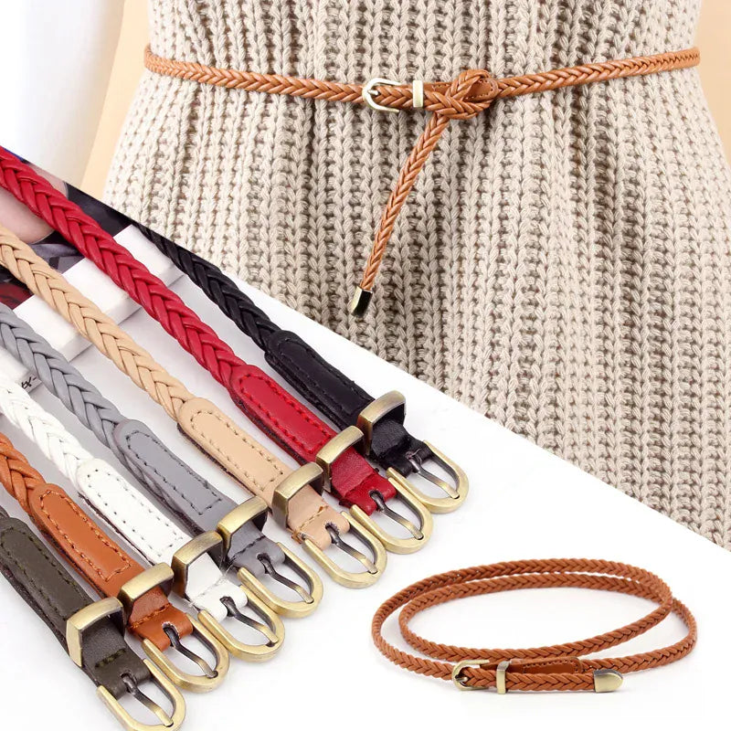 Leather Braided Thin Belt For Woman Dress Shirt Decorative Girdles Strap Fashion Pin Buckle Female Waistband Ladies Waist Rope CeinturesCuir