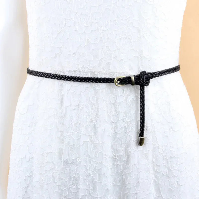 Leather Braided Thin Belt For Woman Dress Shirt Decorative Girdles Strap Fashion Pin Buckle Female Waistband Ladies Waist Rope CeinturesCuir
