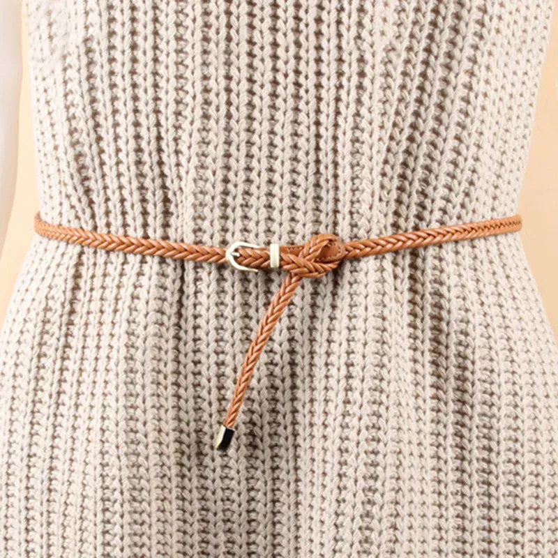 Leather Braided Thin Belt For Woman Dress Shirt Decorative Girdles Strap Fashion Pin Buckle Female Waistband Ladies Waist Rope CeinturesCuir