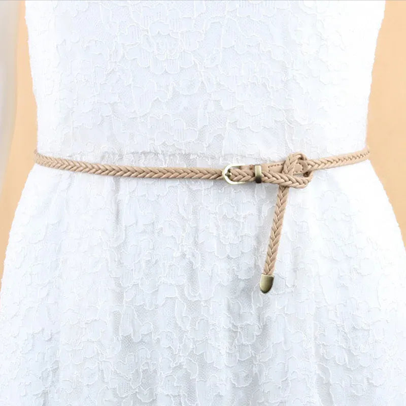 Leather Braided Thin Belt For Woman Dress Shirt Decorative Girdles Strap Fashion Pin Buckle Female Waistband Ladies Waist Rope CeinturesCuir