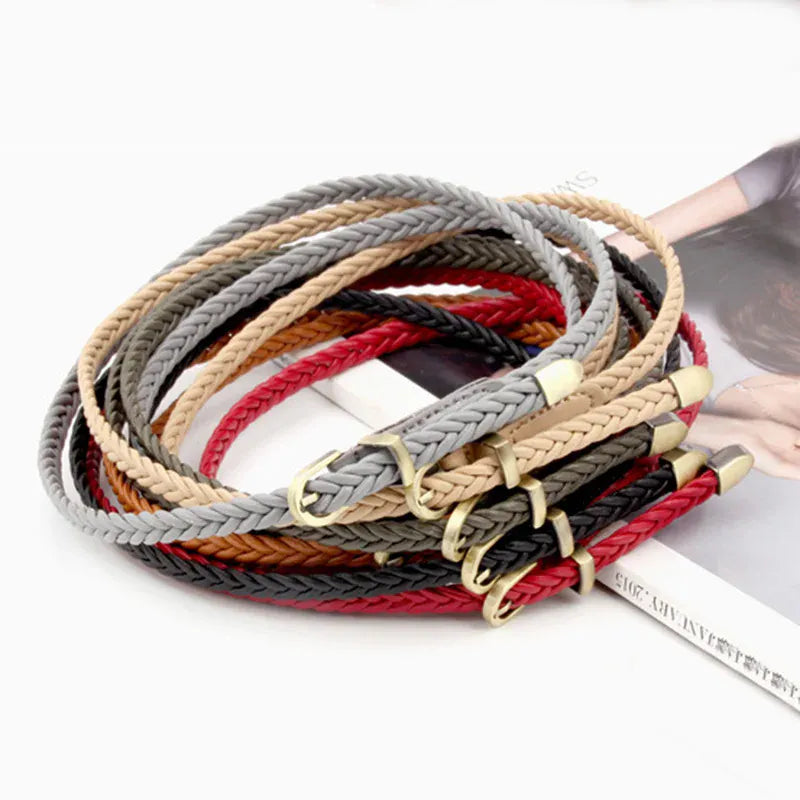 Leather Braided Thin Belt For Woman Dress Shirt Decorative Girdles Strap Fashion Pin Buckle Female Waistband Ladies Waist Rope CeinturesCuir