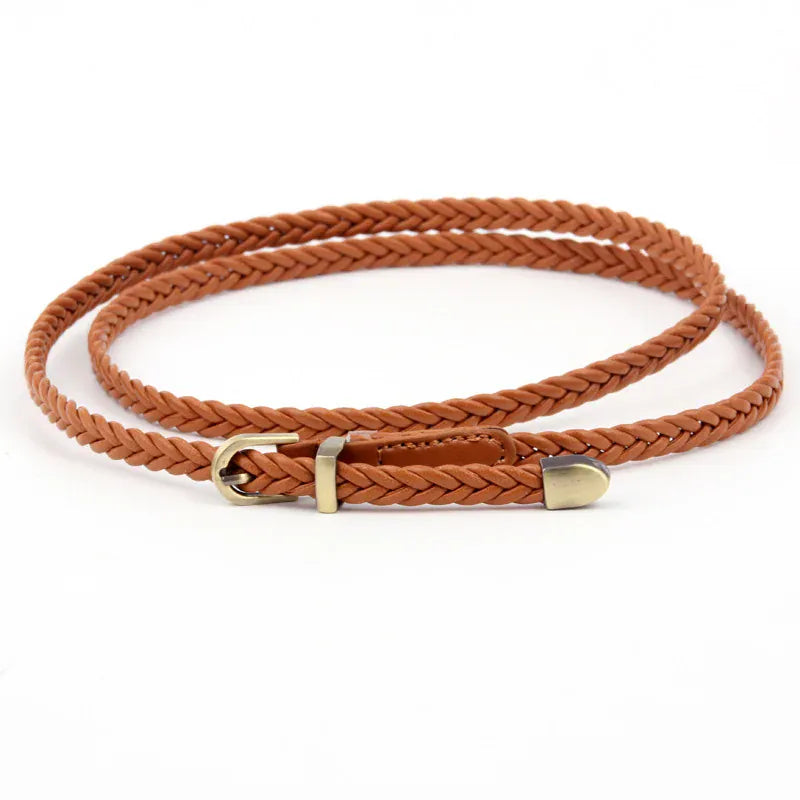 C / 99x0.8cm Leather Braided Thin Belt For Woman Dress Shirt Decorative Girdles Strap Fashion Pin Buckle Female Waistband Ladies Waist Rope CeinturesCuir