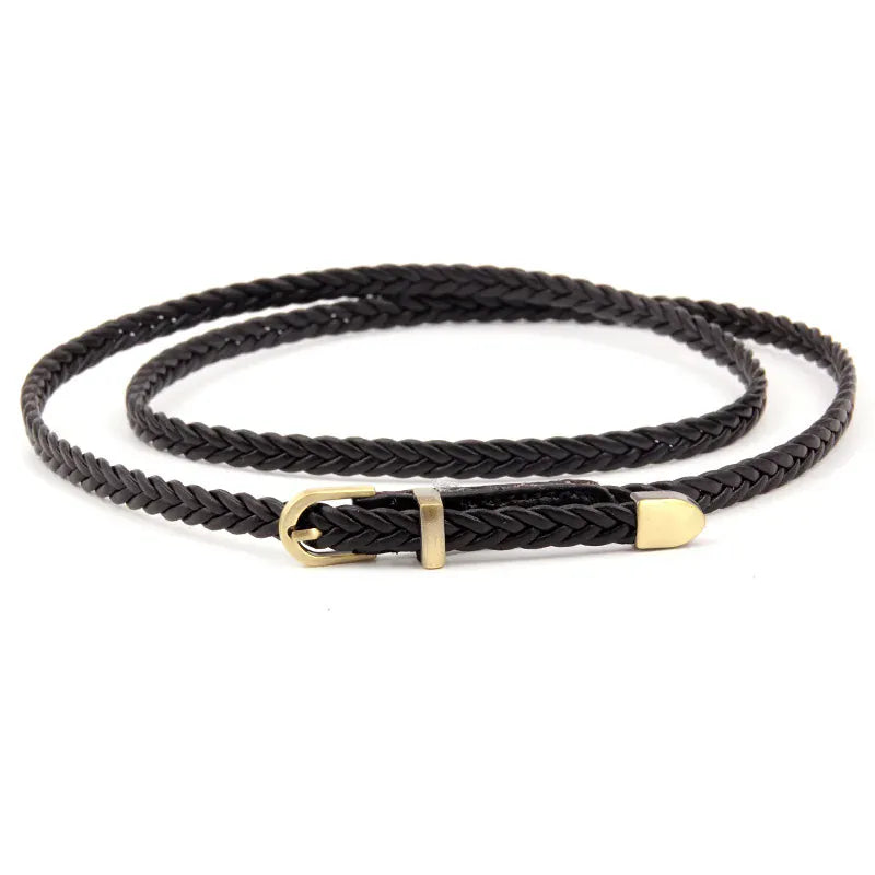 E / 99x0.8cm Leather Braided Thin Belt For Woman Dress Shirt Decorative Girdles Strap Fashion Pin Buckle Female Waistband Ladies Waist Rope CeinturesCuir