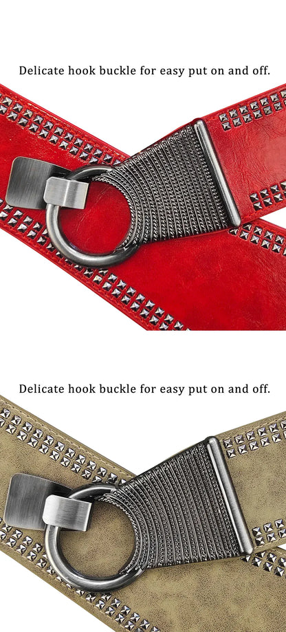 Maikun Fashion Punk Rocker Wide Belts for Women Elastic Wide European Style Women Belts Metal Round Buckle CeinturesCuir