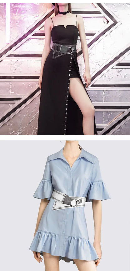 Maikun Fashion Punk Rocker Wide Belts for Women Elastic Wide European Style Women Belts Metal Round Buckle CeinturesCuir
