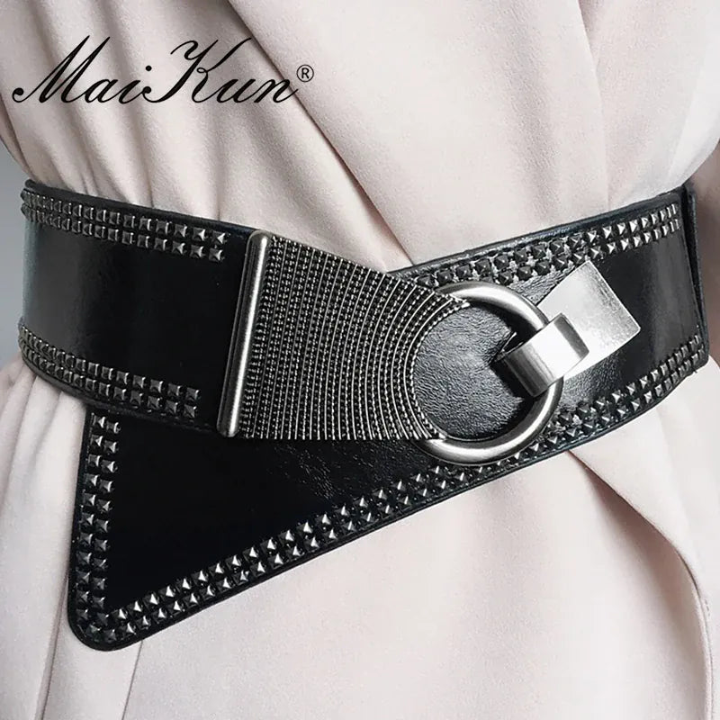 Maikun Fashion Punk Rocker Wide Belts for Women Elastic Wide European Style Women Belts Metal Round Buckle CeinturesCuir
