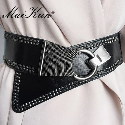 Maikun Fashion Punk Rocker Wide Belts for Women Elastic Wide European Style Women Belts Metal Round Buckle CeinturesCuir