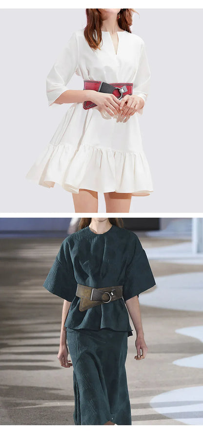 Maikun Fashion Punk Rocker Wide Belts for Women Elastic Wide European Style Women Belts Metal Round Buckle CeinturesCuir