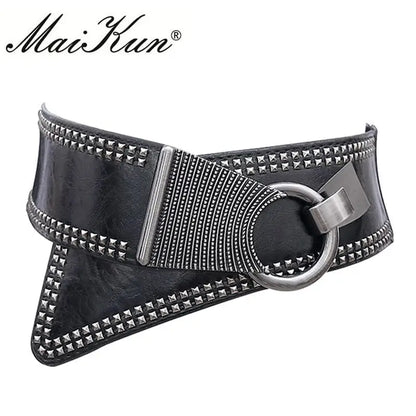 Black / 83cm Maikun Fashion Punk Rocker Wide Belts for Women Elastic Wide European Style Women Belts Metal Round Buckle CeinturesCuir