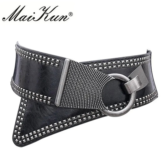 Maikun Fashion Punk Rocker Wide Belts for Women Elastic Wide European Style Women Belts Metal Round Buckle CeinturesCuir
