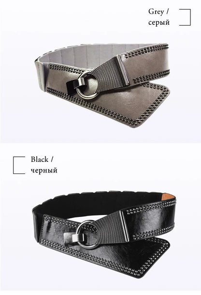 Maikun Fashion Punk Rocker Wide Belts for Women Elastic Wide European Style Women Belts Metal Round Buckle CeinturesCuir