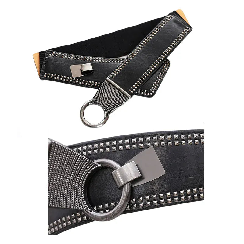 Maikun Fashion Punk Rocker Wide Belts for Women Elastic Wide European Style Women Belts Metal Round Buckle CeinturesCuir