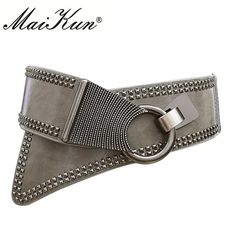 Grey / 83cm Maikun Fashion Punk Rocker Wide Belts for Women Elastic Wide European Style Women Belts Metal Round Buckle CeinturesCuir
