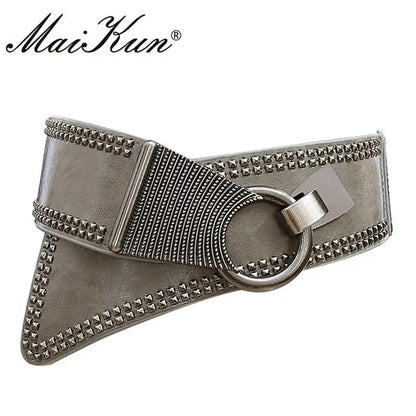Grey / 83cm Maikun Fashion Punk Rocker Wide Belts for Women Elastic Wide European Style Women Belts Metal Round Buckle CeinturesCuir