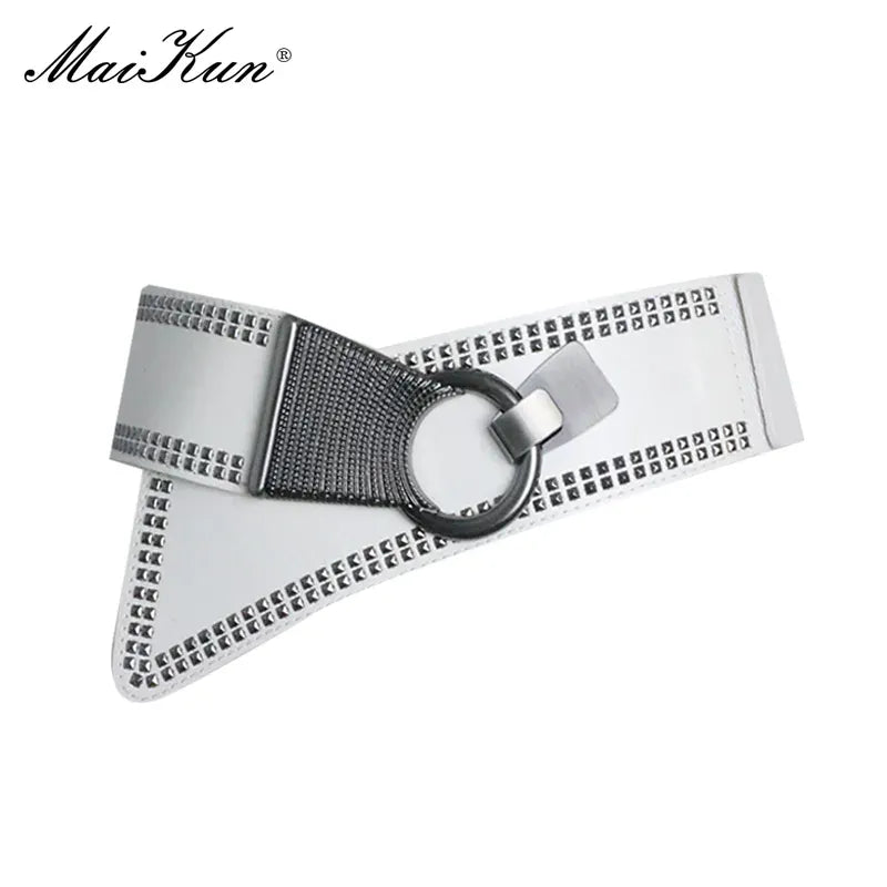 White / 83cm Maikun Fashion Punk Rocker Wide Belts for Women Elastic Wide European Style Women Belts Metal Round Buckle CeinturesCuir