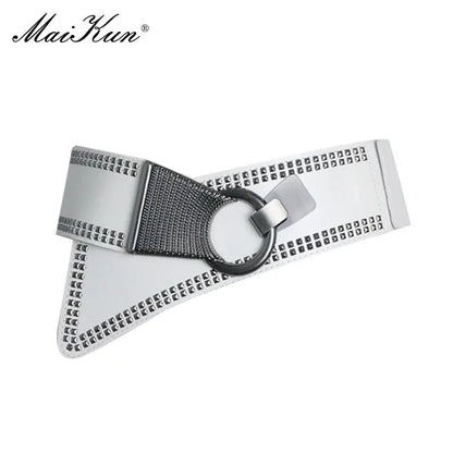 White / 83cm Maikun Fashion Punk Rocker Wide Belts for Women Elastic Wide European Style Women Belts Metal Round Buckle CeinturesCuir