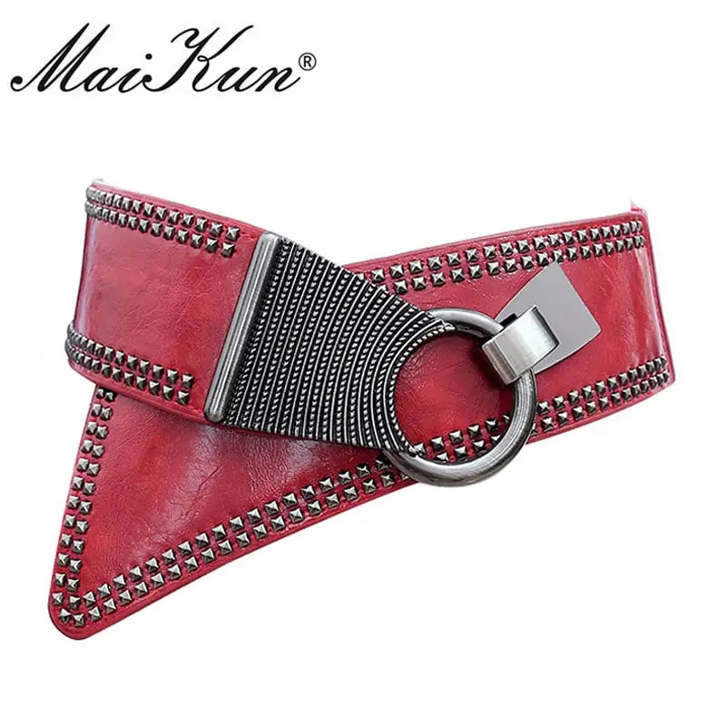 Red / 83cm Maikun Fashion Punk Rocker Wide Belts for Women Elastic Wide European Style Women Belts Metal Round Buckle CeinturesCuir