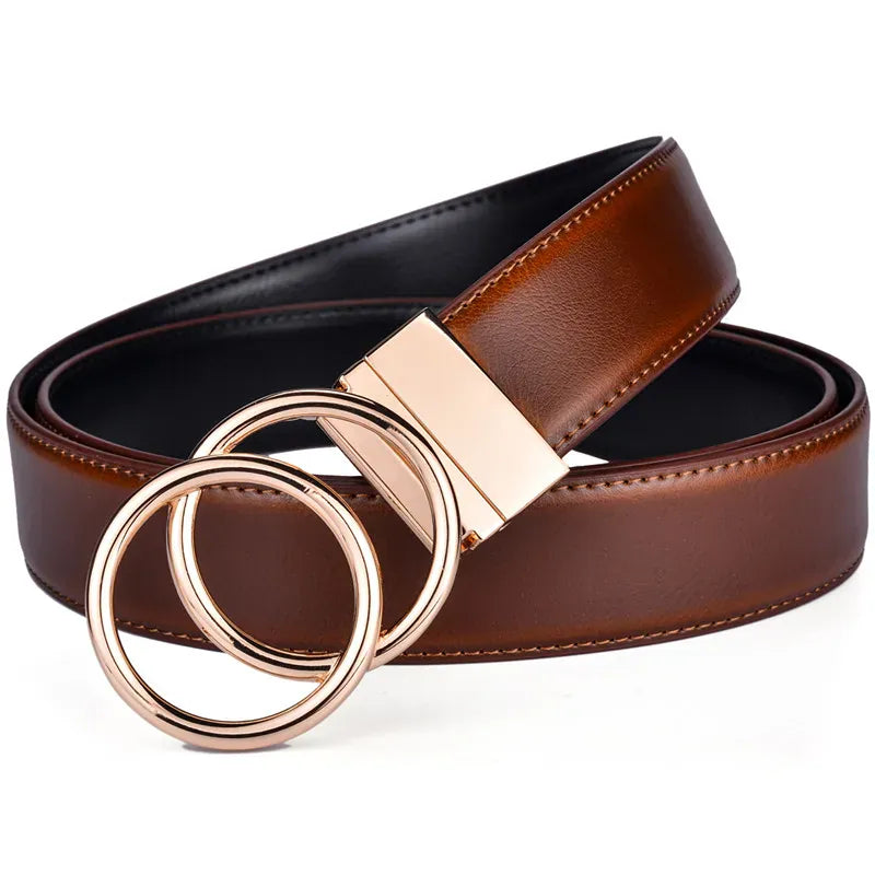 Women Reversible Leather Belt 2 in 1 Rotated 2 Rings Gold Buckle 3.4cm Wide Suitable for Pairing with Various Pants CeinturesCuir
