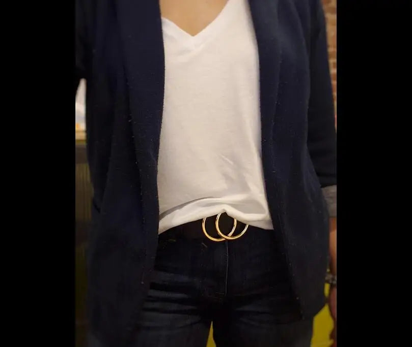 Women Reversible Leather Belt 2 in 1 Rotated 2 Rings Gold Buckle 3.4cm Wide Suitable for Pairing with Various Pants CeinturesCuir