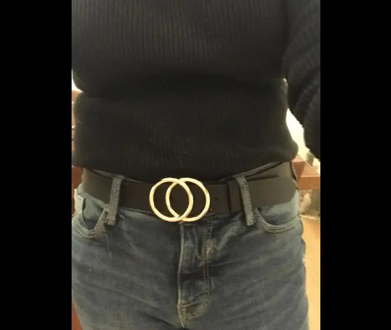 Women Reversible Leather Belt 2 in 1 Rotated 2 Rings Gold Buckle 3.4cm Wide Suitable for Pairing with Various Pants CeinturesCuir