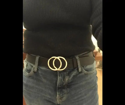 Women Reversible Leather Belt 2 in 1 Rotated 2 Rings Gold Buckle 3.4cm Wide Suitable for Pairing with Various Pants CeinturesCuir