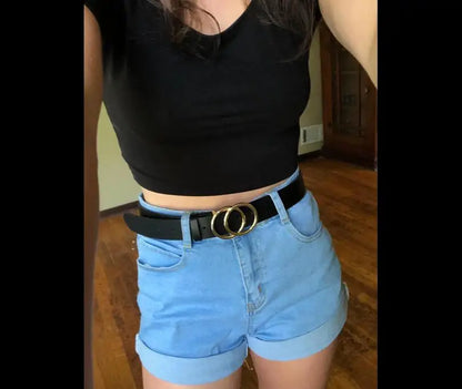 Women Reversible Leather Belt 2 in 1 Rotated 2 Rings Gold Buckle 3.4cm Wide Suitable for Pairing with Various Pants CeinturesCuir