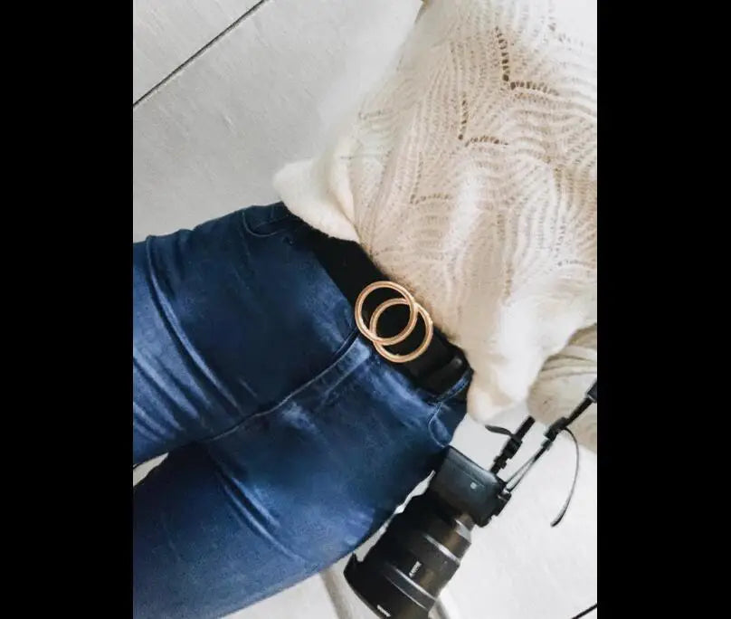 Women Reversible Leather Belt 2 in 1 Rotated 2 Rings Gold Buckle 3.4cm Wide Suitable for Pairing with Various Pants CeinturesCuir