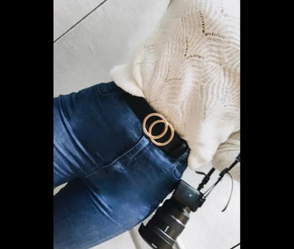 Women Reversible Leather Belt 2 in 1 Rotated 2 Rings Gold Buckle 3.4cm Wide Suitable for Pairing with Various Pants CeinturesCuir